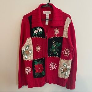 Vintage 90s TIARA Embroidered Christmas Patchwork Zip Cardigan - Red, Size XL